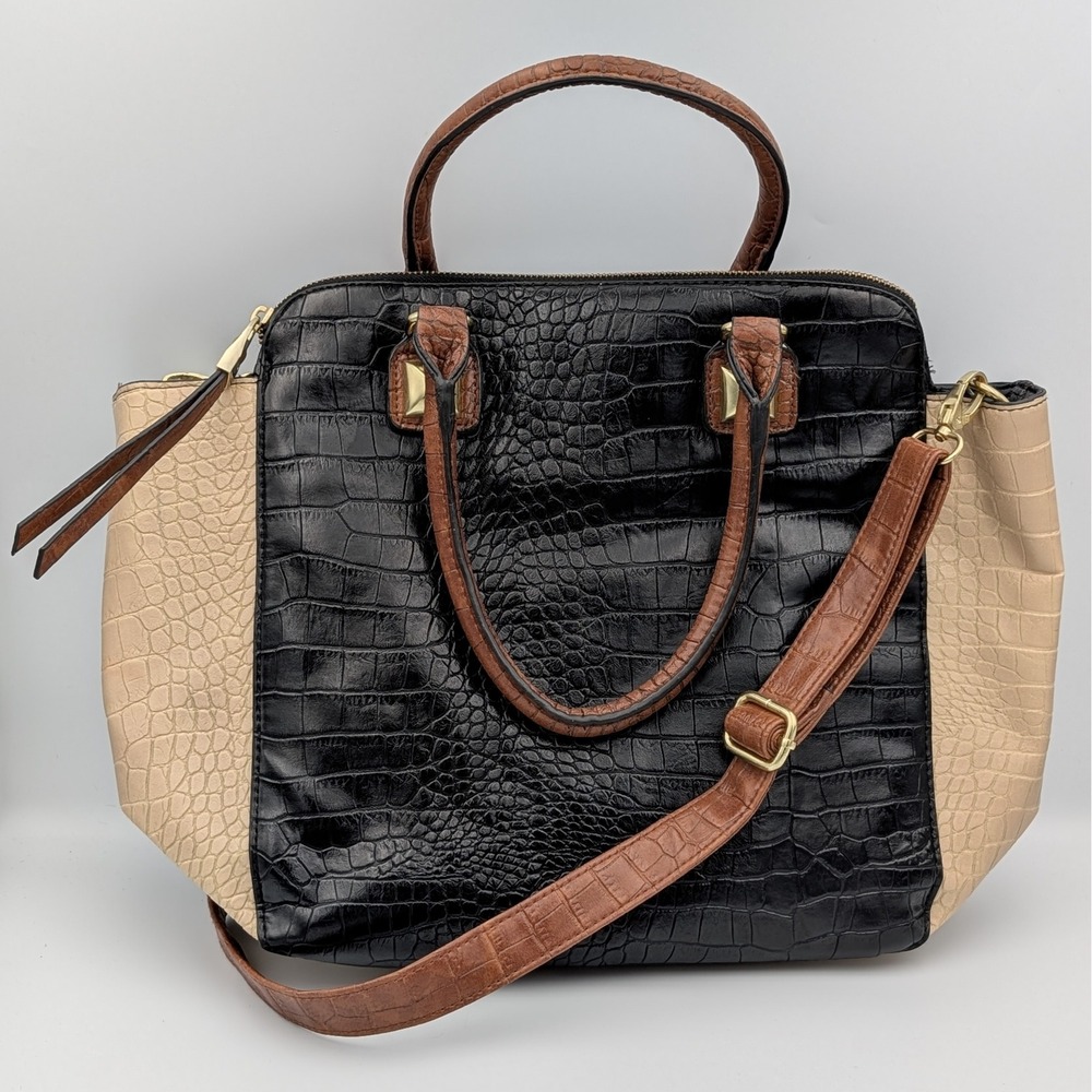 Black Tan Croc Embossed Satchel Handbag Crossbody Bag with Gold Tone Hardware